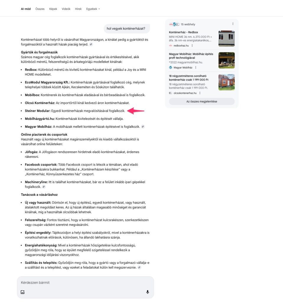 Steiner Modular megjelenése a Google AI Mode-ban