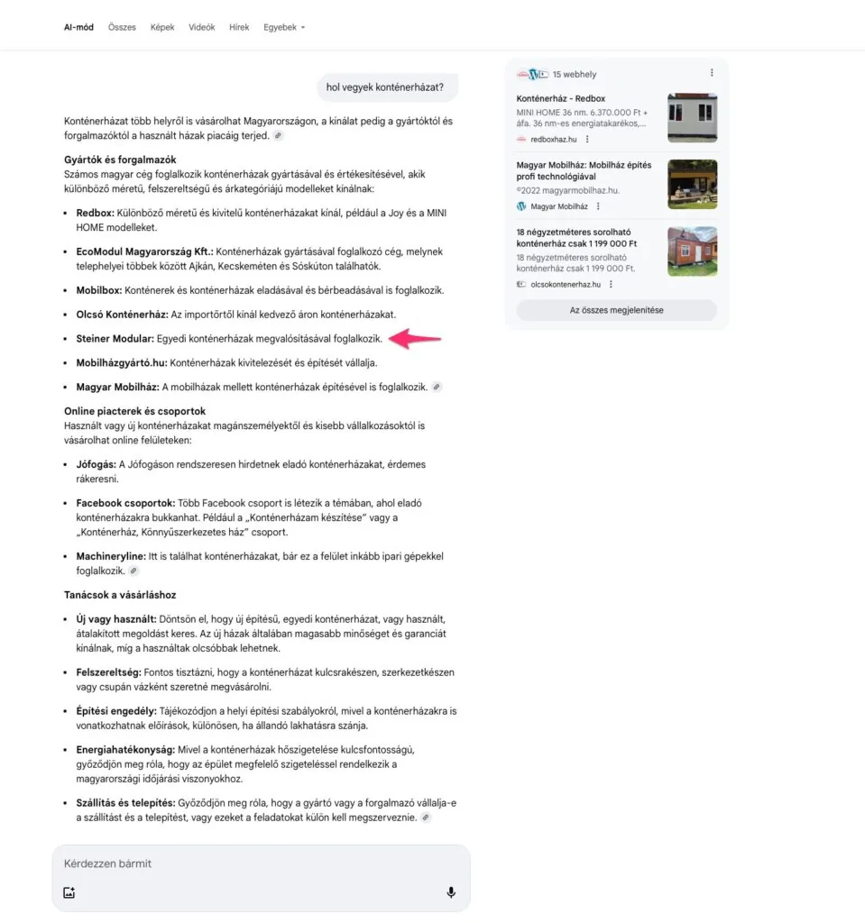Steiner Modular megjelenése a Google AI Mode-ban